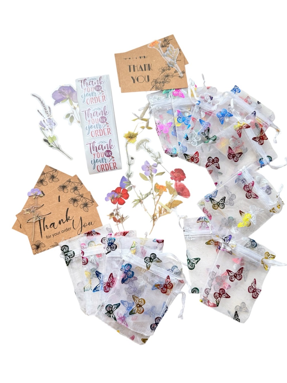 60+ Pc Reseller Packaging Bundle Organza Bags Thank You Cards Stickers